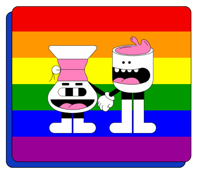 Two Creature Coffee characters holding hands on a rainbow flag LGBTQ background