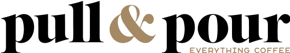 The image features the logo for "pull & pour," with the words "pull" and "pour" in a bold, black font. The ampersand is styled in a gold color, adding a touch of elegance. Below the main text, the phrase "EVERYTHING COFFEE" is written in a smaller, gold font. The overall design conveys a sophisticated and modern coffee brand aesthetic.