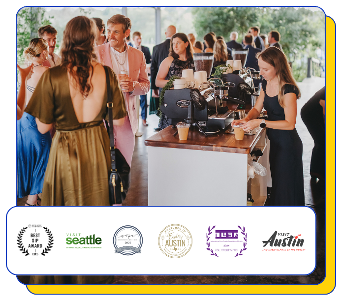 Wedding with people socializing and a mobile coffee bar serving lattes and americano drinks, featuring awards at the bottom.