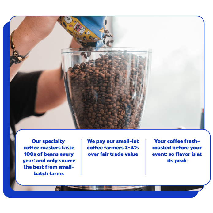 Barista pouring coffee beans into a coffee grinder hopper with promotional text about specialty coffee roasting. Creature Coffee-branded coffee bag on a mobile coffee catering cart. 