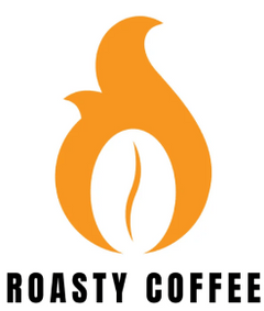 The image features the logo for "ROASTY COFFEE." It includes a stylized flame in orange, which also incorporates a coffee bean shape in the center. Below the flame, the words "ROASTY COFFEE" are displayed in bold, black letters. The overall design is modern and vibrant, effectively conveying a theme related to coffee and warmth.