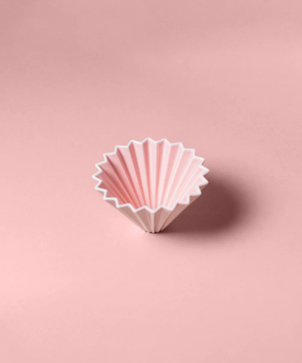Pink Origami ceramic pour over coffee dripper made from Japanese Mino porcelain for cone and flat bottom filter brewing