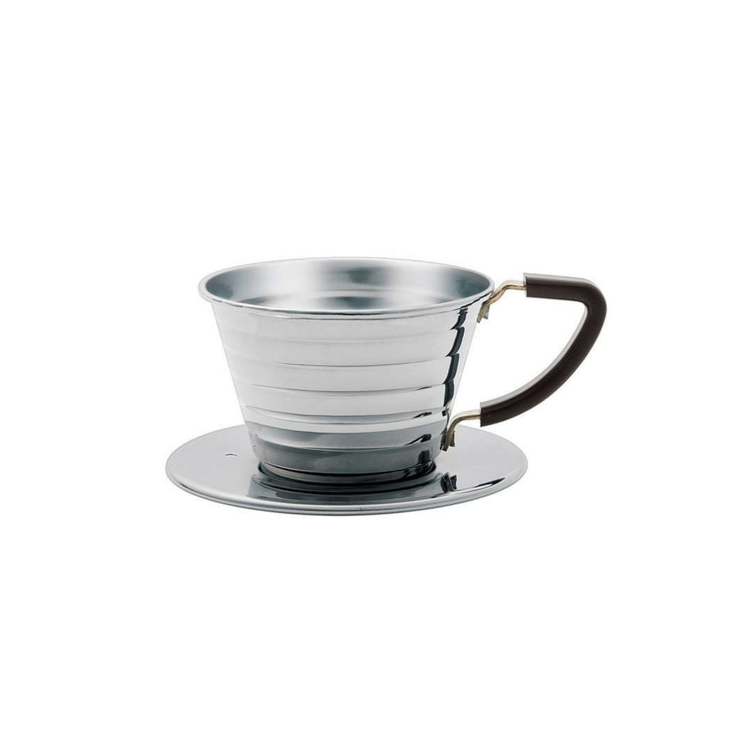 The Kalita Wave pourover brewer, the stainless steal coffee maker, the 155 dripper
